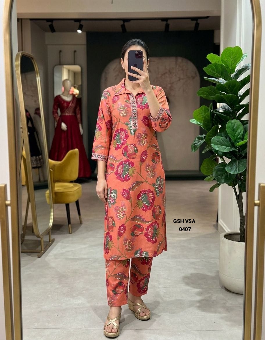 Coral Peach Floral Printed Cotton Ethnic Kurta Set